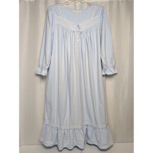 Eileen West Blue 100% Cotton Flannel Embroidered Long Nightgown Size Large